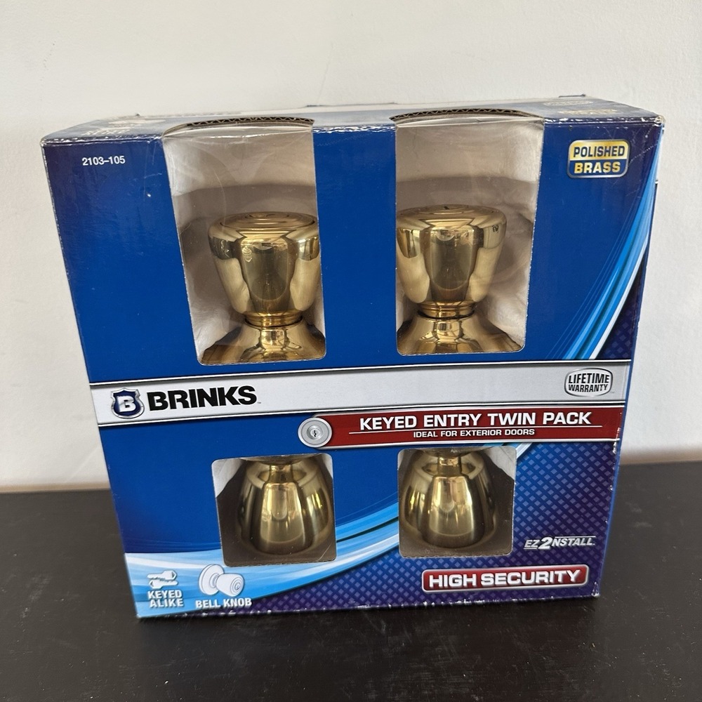 New Brinks Keyed Entry Twin Two Pack Polished Brass Door Knobs Exterior Lifetime
